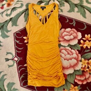 Bebe Mustard Sleeveless Ruched Dress